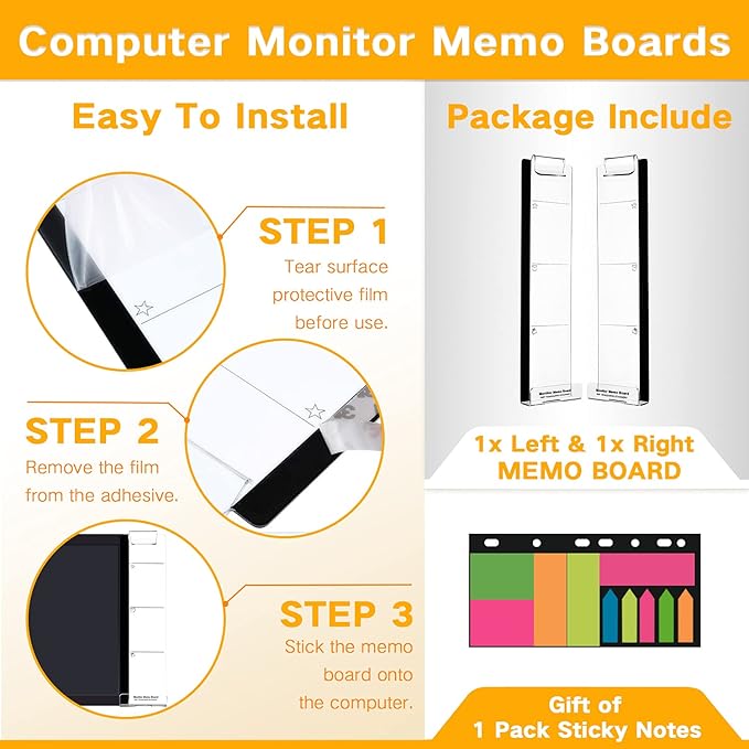 Monitor Memo Boards for Computer, Set of 2 (Left & Right) Multifunction Acrylic Screen Message Reminder Pad Side Panels Phone Holder - Utility Organizer for Office Desktop, Gift of 1 Pack Sticky Notes