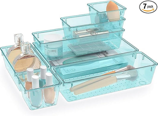 StorMiracle 7 PCS Clear Plastic Drawer Organizers Set, 4 Size Desk Drawer Organizer Trays for Makeup, Jewelry, Kitchen Utensils, Gadgets and Office Accessories, Sea Blue
