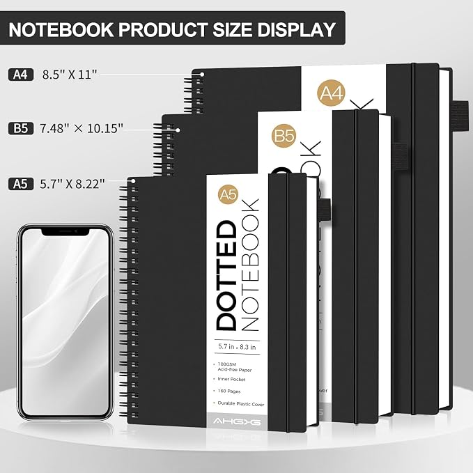 AHGXG Dotted Journal - Dot Grid Spiral Notebook B5, 140 Pages, 100 GSM Thick Paper, Waterproof Plastic Cover Journals for Journaling, Sketching, 7.6" x 10", Black