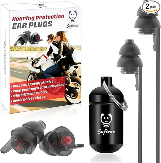 Motorcycle Earplugs with Detachable Cord 2 Pairs, Wind Noise Reduction Audible Hearing Protection, Comfy Reusable Ear Plugs for Moto, Racing, Motorbike, Motorsports, Touring, Riding, Shooting