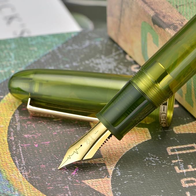 Jinhao 9019 DaDao Series Fountain Pen, Size 8 Fine Cardiogram Nib with Large Ink Converter, Transparent Olive Green Acrylic Design Smooth Writing Pen (Gold Trim)