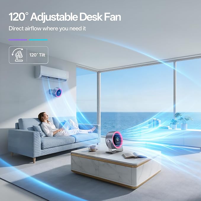 USB Desk Fan for Bedroom: 100 Speeds Digital Display Quiet Portable Fan with Turbo Airflow, 120° Rotating Small Rechargeable Battery Desktop & Wall-Mounted Fans for Bedroom Home Office