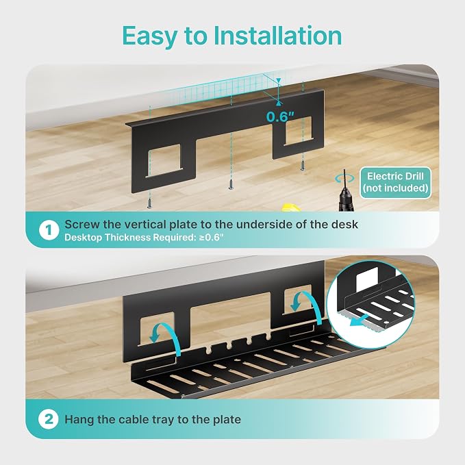 Under Desk Cable Management Tray, 15.7'' Screw-Mount Steel Rack | Metal Cord Organizer for Power Strips, Chargers, Reversible Installation, Effortless Wire Management for Home Office, Black