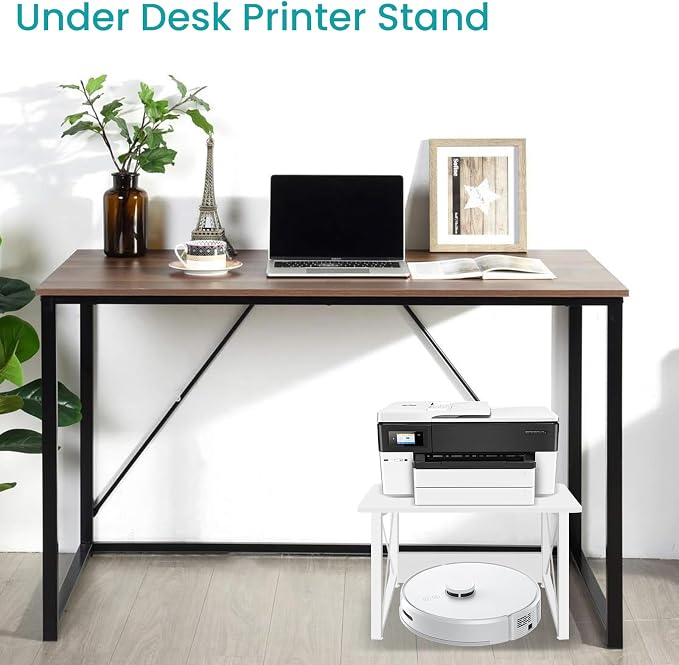 ELITEROO Desktop Printer Stand with Storage, Printer Stand Shelf | Desk Organizer shelf for Home, Modern Wood Printer Riser Under Desk Small Table for Printer Fax Machine Copier Scanner, White