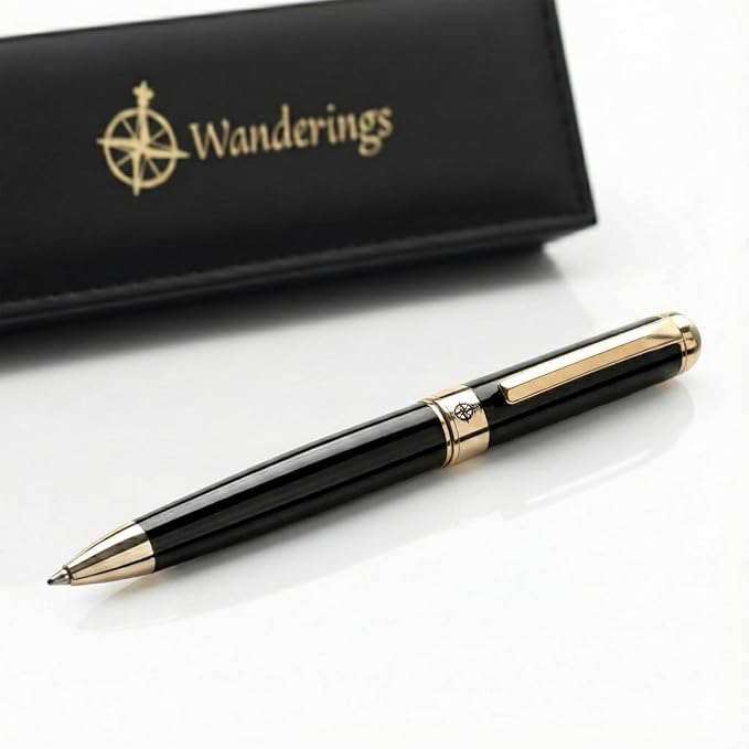 WANDERINGS Premium Ballpoint Pen with German Ink – Perfectly Balanced Executive Pen with 24K Gold Plated – Piano Black - Includes a Schmidt Refill in a Giftable Presentation Case for Men or Women