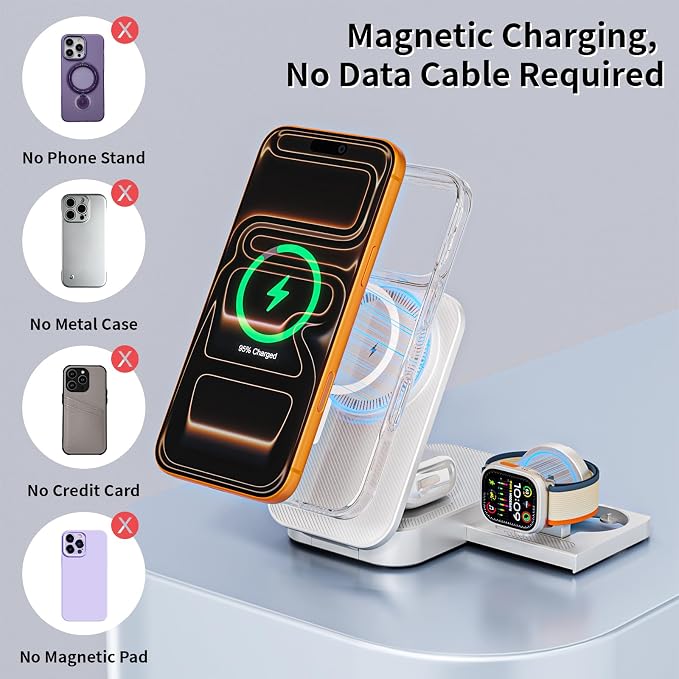 [Apple MFi Certified]Magnetic Charger 3 in 1 Charging Station,25W Wireless Foldable Mag-Safe Charger 6FT USB-C Cable Wireless iPhone Charging Station Compatible with iPhone 17/16/15/14/13/12 Pro/Plus