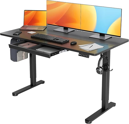 Claiks Electric Standing Desk 55x24 Inch with Drawer Black | Sturdy Steel Frame, 176 Lbs Capacity, 28.35-46.46 Inch Height Adjustable, 3 Preset Buttons, 45 dB Quiet Motor, 2 Hooks