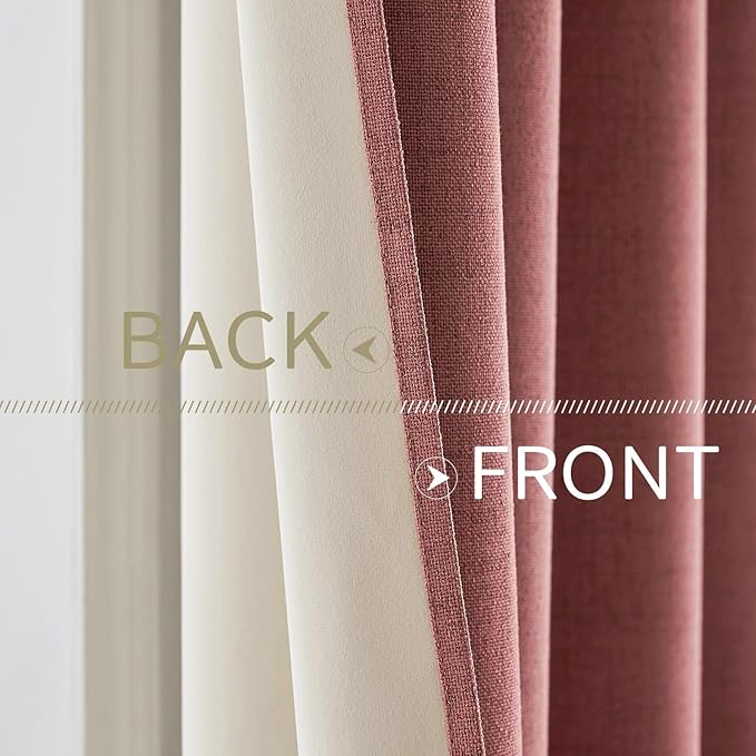 MIULEE 100% Blackout Linen Textured Curtains for Bedroom Solid Thermal Insulated Dusty Rose Grommet Room Darkening Curtains & Drapes Luxury Decor for Living Room 52 x 90 Inch (2 Panels)