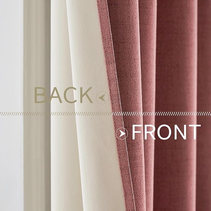 MIULEE 100% Blackout Linen Textured Curtains for Bedroom Solid Thermal Insulated Dusty Rose Grommet Room Darkening Curtains & Drapes Luxury Decor for Living Room 52 x 96 Inch (2 Panels)
