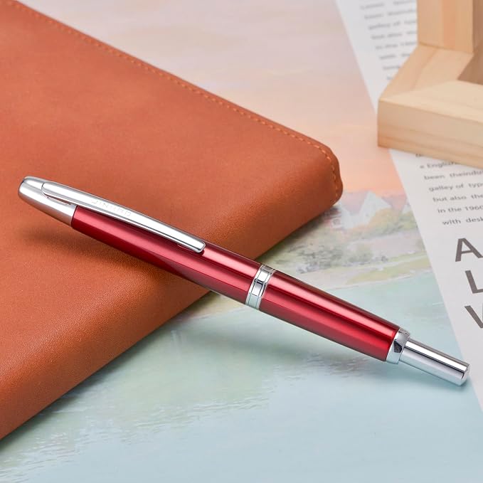 Jinhao 10 Press Fountain Pen with Box, Rose Red Retractable Fine Nib with Ink Converter Set (Silver Clip)