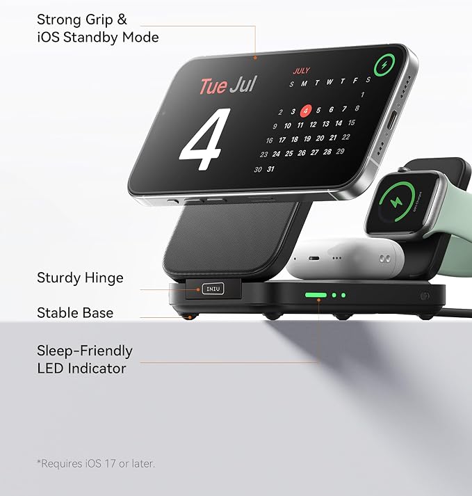 INIU 3 in 1 Foldable Wireless Charging Station, Original Qi2 Certified 15W Fast Mag-Safe Charger Stand for iPhone 17 16 15 14 13 12, Apple Watch, AirPods, Ideal for Travel Office Desk Accessories