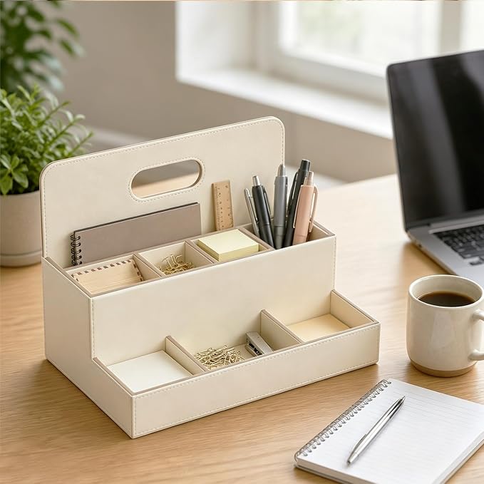 Mail Organizer Countertop, Office Desk Accessories Bill Sorter File Holder | PU Leather Aesthetic 8-Slot Art Supplies Storage Box for Stationery,TV Remote Control,Letter,Notebook,A4 paper,Home Decor