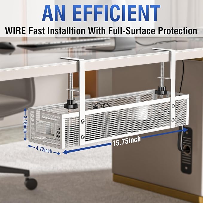Under Desk Cable Management Tray, GZOKMOG No Drill Cable Management Under Desk, Heavy Duty Metal Cord Organizer, Home Office Wire Management for Gaming/Standing Desk, 2 Pack White, 15.75 inch