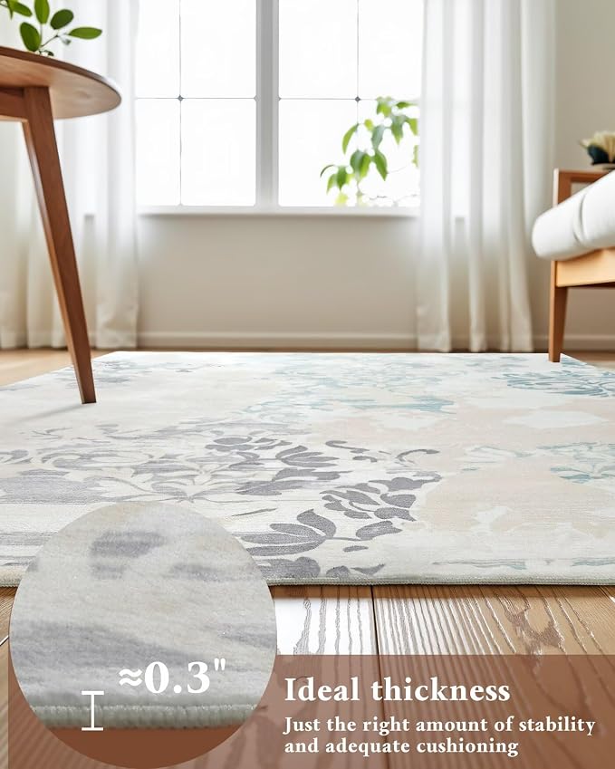 Macgace Washable Abstract Rug, 8x10 Ivory and Aqua Floral Area Rugs with Non-Slip Rubber Backed for Living Room, Low Pile Modern Throw Carpet Bedroom Dining Room Decor