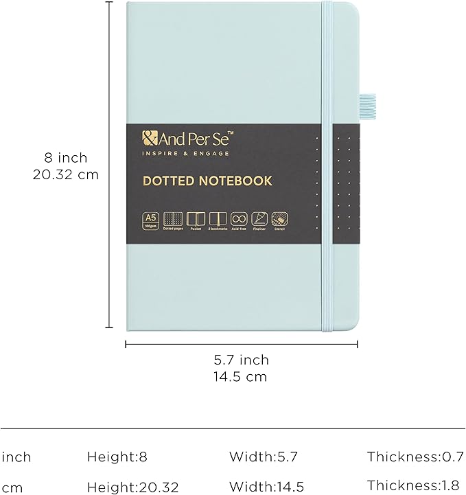 &And Per Se A5 Hardcover Dotted Notebook Kit for Beginners – 176 Numbered Pages, 100gsm Thick Paper, Includes Stencils & Fineliner Pen | Leather Bullet Journal with Templates, Lay Flat Design, Premium Gift for Women Men (Cyan)