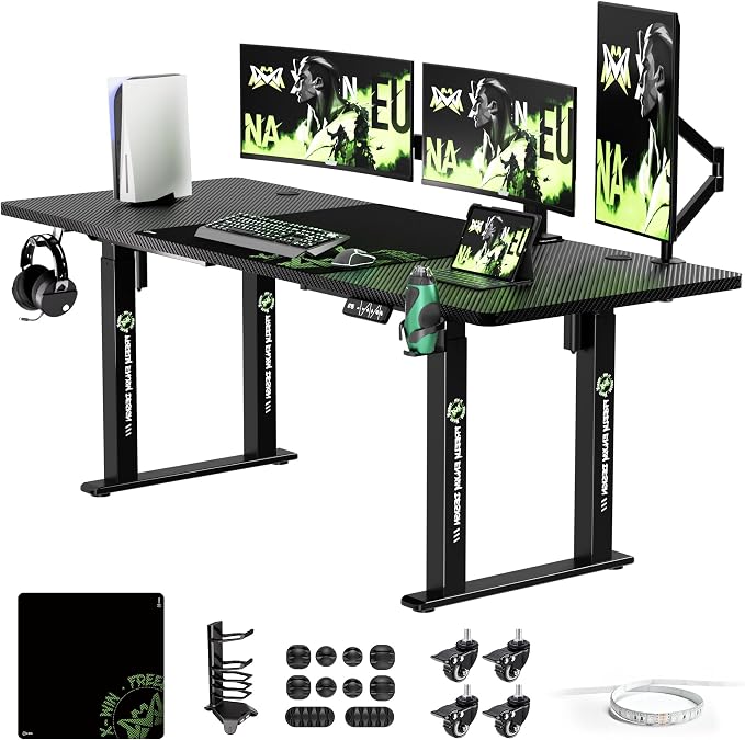 X-WIN Electric Height Adjustable Standing Desk, 71" x 31.5" Inch 4-Leg Ergonomic Sit to Stand Desk for Home Office, Powerful Dual Motor Work Desk with Locking Wheels, Carbon Fiber Textured Black