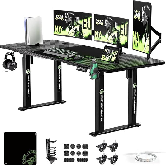 X-WIN Electric Height Adjustable Standing Desk, 71" x 31.5" Inch 4-Leg Ergonomic Sit to Stand Desk for Home Office, Powerful Dual Motor Work Desk with Locking Wheels, Carbon Fiber Textured Black