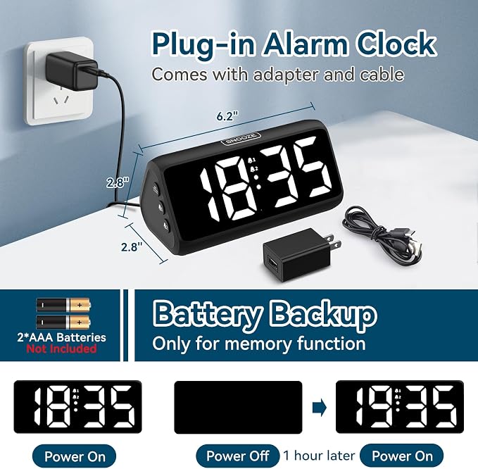 Netzu Digital Alarm Clocks for Bedrooms, Loud Alarm Clock with Dual Alarms, Bold Digits, 5 Dimmers, 4 Volumes, Snooze, Bedside Clock for Deep Sleepers Kids Teens Seniors, Plug in Clock, Easy to Set