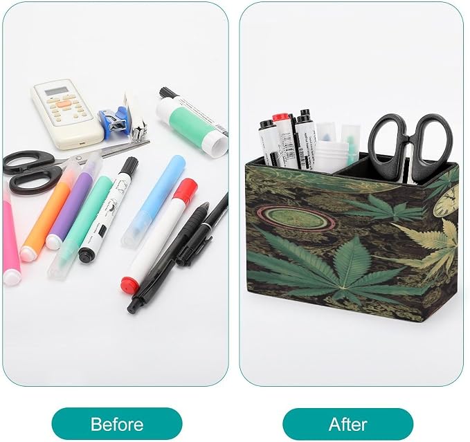 A Puff in Time Weed Marijuana Leather Pen Holder Exquisite Leather Pen Cup Pen Container Multifunctional Desktop Storage Box Round Pencil Cup Organizer for Office Home Desk Decor