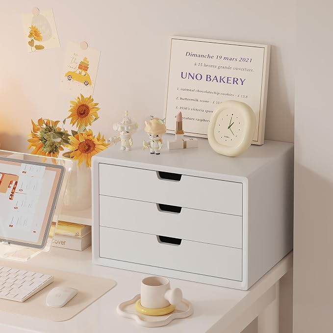 LitaEther Desk Organizer with 3 Drawers, ALEX Drawer Unit, Chic White Wood Cosmetic Makeup Organizer for Office Vanity Tabletop Storage 13.8"X 9"X10.2"