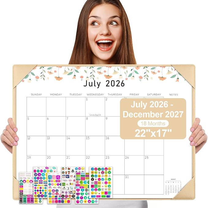 Gannyfer Large Desk Calendar 2026-2027 with Desktop Mat - 18 Month Table Calendar, 22" x 17" Desktop Pad Calendar, Teacher Calendar for Planning and Organizing In Your Family, School or Office - Small Fresh Florals (6 Stickers Included) (Brown)