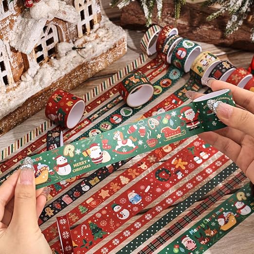 icceemee Christmas Theme Washi Tape Set, 12 Rolls Christmas Washi Tape Writable Decorative Tapes for Scrapbooking, Junk Journal Supplies, Bullet Journaling, 0.6"x79" per Roll