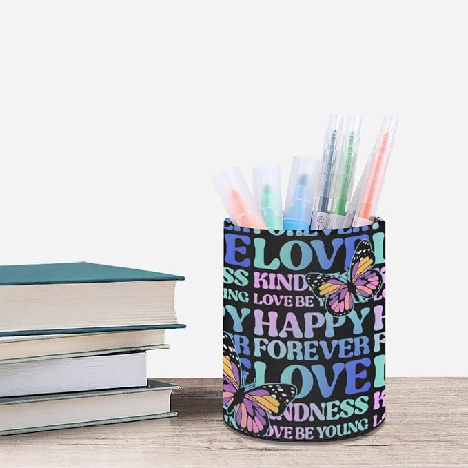 Love Pen Holder for Desk PU Pencil Cup Organizer | Round Desks Makeup Brush Holder for School Multifunctional Office Supplies
