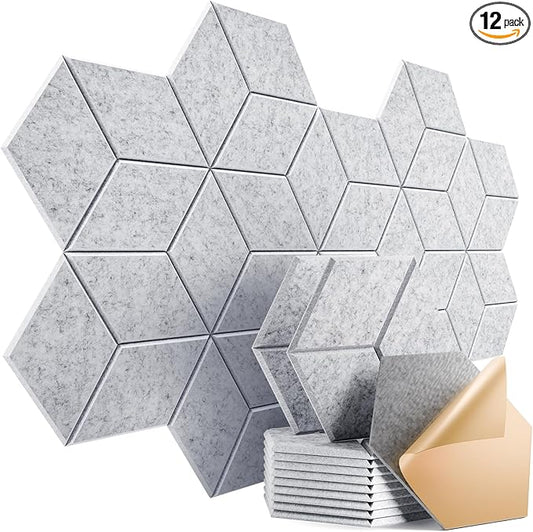 12 Pack Self-Adhesive Acoustic Panels 12" X 10" X 0.4" - Sound Proof Foam Panels with High Density,Stylish Y-Lined Design, Flame Resistant, Absorb Noise and Eliminate Echoes(Silver Gray)
