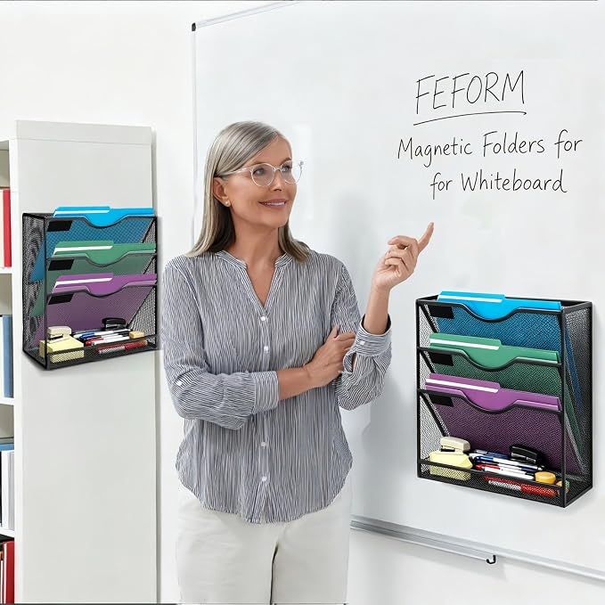 Magnetic File Holder,No Assembly Required & No Drilling,Hanging Magnetic File Organizer,Magnetic Mail Paper Folder Holder for Refrigerator,Whiteboard,File Cabinets (4-Tier)