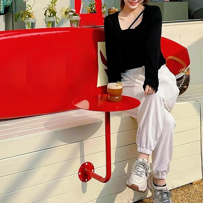 Wall-Mounted Small Round Table for Cafe, Dessert Shop & Home - 3.0MM Thick Iron Metal Anti-Deformation, Space-Saving(Red,35x45x20cm)