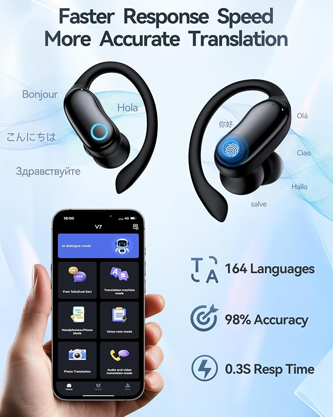 GNMN Active Noise Cancelling Ear Buds AI Translation Wireless Earbuds 96hrs Playback Bluetooth Headphones Dual Battery Display Stereo Bass Earphones with Earhooks Microphone for Sports/Runing/Workout