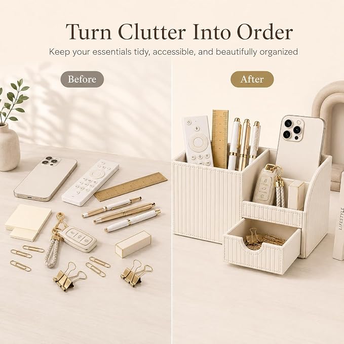 Luxury PU Leather Desk Organizer with Drawer, Modern Aesthetic Office Desk Accessories for Women, Multi-Compartment Pen Holder & Desktop Storage Organizer for Home Office, Cream White