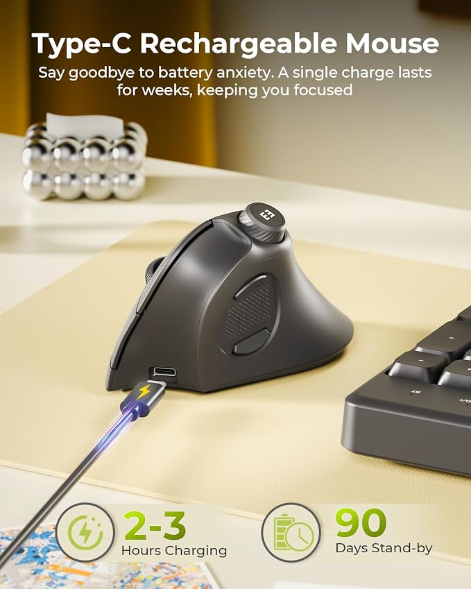 seenda Ergonomic Mouse Wireless, MOU-302 Bluetooth Vertical Mouse Rechargeable, Volume Knob, Silent Mice & 1000/1600/2400 DPI, 3 Multi-Device Connection for Windows/PC/Laptop/Mac/MacBook, Black