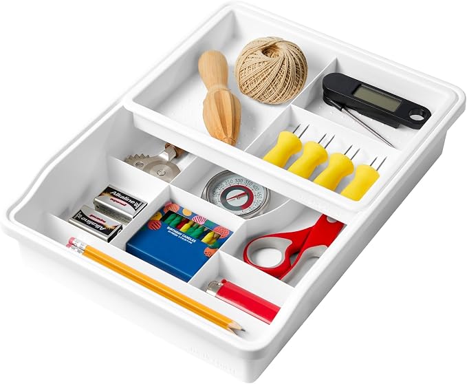 madesmart Classic Junk Drawer Organizer, White | rounded corners, sliding top tray, removable upper level, 13 compartments, cords pens keys, woman owned