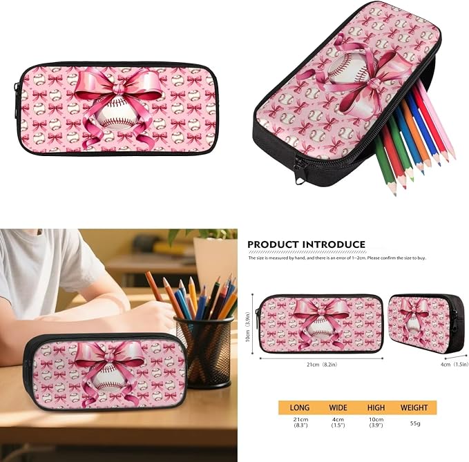 WELLFLYHOM 4 PCS Pink Bow 17 Inch Baseball Backpack for Girls Ages 8-12 | School Set with Insulated Lunch Bag Pencil Case and Water Bottle Sleeve, for Elementary, Junior and Senior School Daily Study