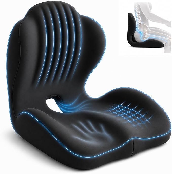 2-in-1 Ergonomic Seat Cushion with Lumbar Support, L-Shaped Memory Foam Chair Cushion with Hollow Center, Five-Zone Sitting Support for Office Chair, Car, Truck, Gaming, Wheelchair, Long Sitting
