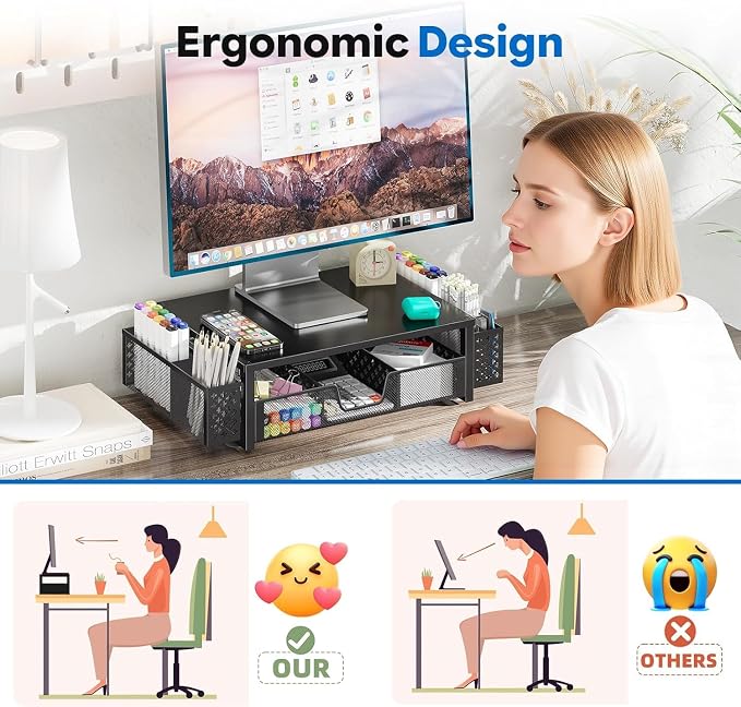 Simple Trending 2-Tier Desk Organizer, Computer Monitor Stand Riser, Black | Metal Laptop & Printer Stand, Desktop Organizer with Drawer & 2 Pen Holders, Anti Slip Pads, 18.5"W x 9.5"D x 4.75"H