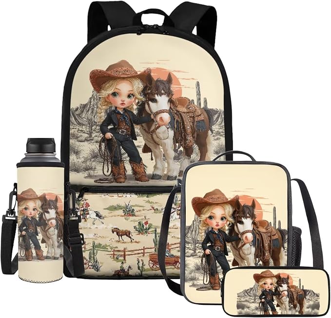 WELLFLYHOM Western Cowgirl Horse Backpack for School Girls 6-8, 4 in 1 Set | Book Bag with Lunch Box Pencil Case Water Bottle Sleeve Elementary Students School Bag Set Kids Back to School Supplies