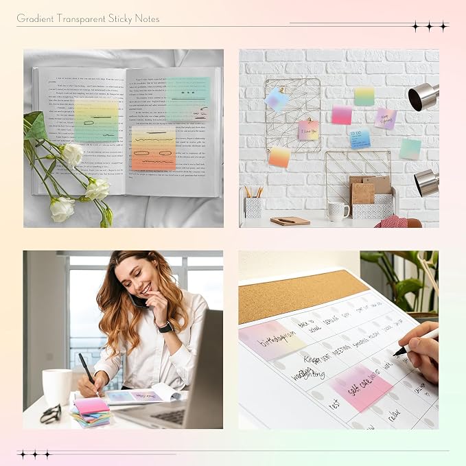 Fullhawl 400 Sheets Gradient Transparent Sticky Notes 3 x 3 Inch Clear Pastel Aesthetic Self-Adhesive Sticky Notes for Annotating Bible Journaling Office College Supplies, 8 Pads