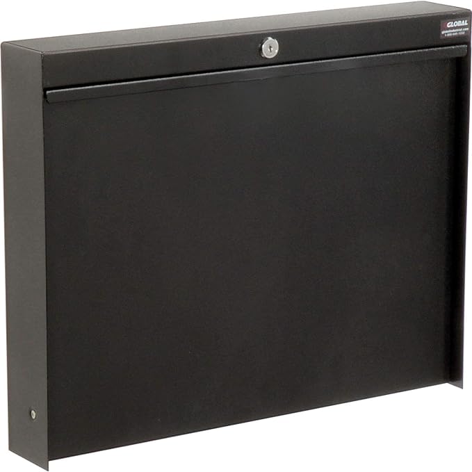 Global Industrial Wall Mounted Fold Down Shop Desk with keyed Lock, 50 Lbs Capacity, Steel Construction, 20" W x 3-3/8"D x 16-3/8"H, Black Powder Coat Finish