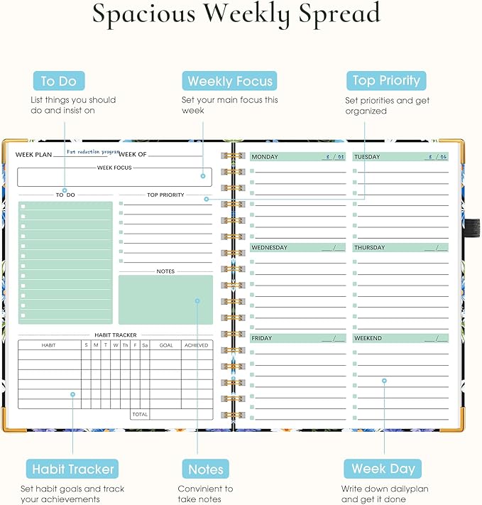 Undated Weekly Planner, Hardcover Weekly & Monthly Calendar Blank Planner, To Do List Notebook with Goal & Habit Tracker Organizer, A5 Daily Planner with Spiral Binding, Ideal for Work School Home, Blue Flower