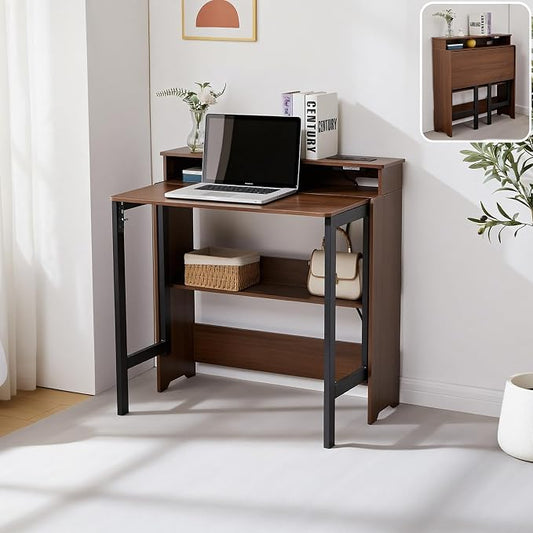 Fold Out Desk with Charging Station, Folding Desk with Monitor Stand,Storage Shelf,Small Foldable Desk for Compact Home Office Spaces