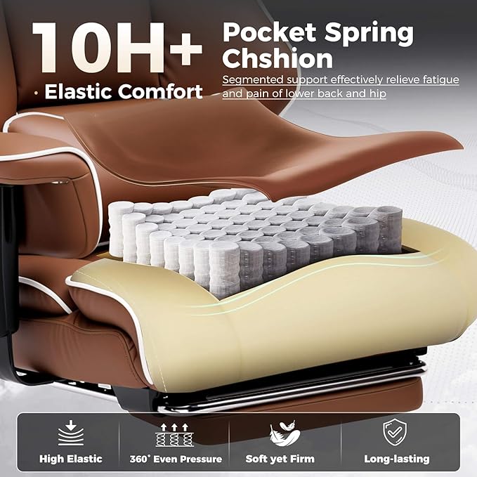 GTPLAYER Big and Tall Gaming Chair 400lbs Heavy Duty Office Chair with Foot Rest & Ergonomic Pocket Spring Cushion, High Back Lumbar Support for Lower Back Pain Relief, Coffee Brown