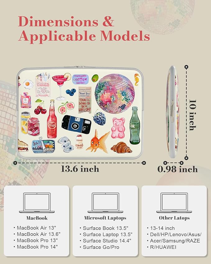 iCasso Laptop Sleeve 13 inch for MacBook Air 13-13.6 inch, Cute Laptop case for MacBook Neo/Pro 13 inch, Slim Protective Travel Carrying Case Sleeve for 14 inch Chromebook, HP, Dell, Stickers
