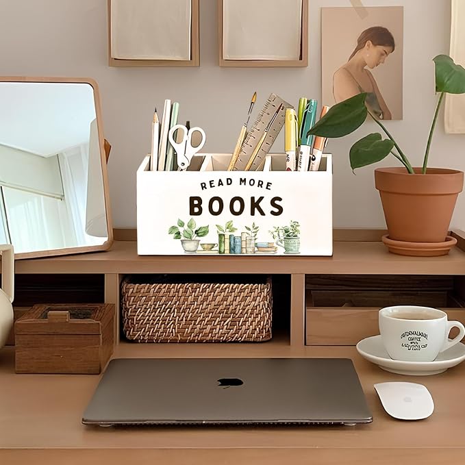Book Lovers Gifts Pen Holder, Book Reader Gifts Pencil Holder for Desk, Read More Books Wooden Box Sign Decorations for Reading Room Corner Nook Classroom Desk Tabletop