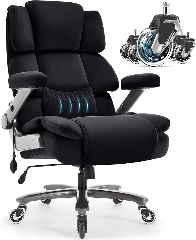 VUZI 700lbs Big and Tall Office Chair, Large Executive Wide Desk Chair | Adjustable Lumbar Support for Back Pain, Plus Size Wheels, 3D Flip Arms, Heavy Duty Metal Base, Wide Seat Computer Chair