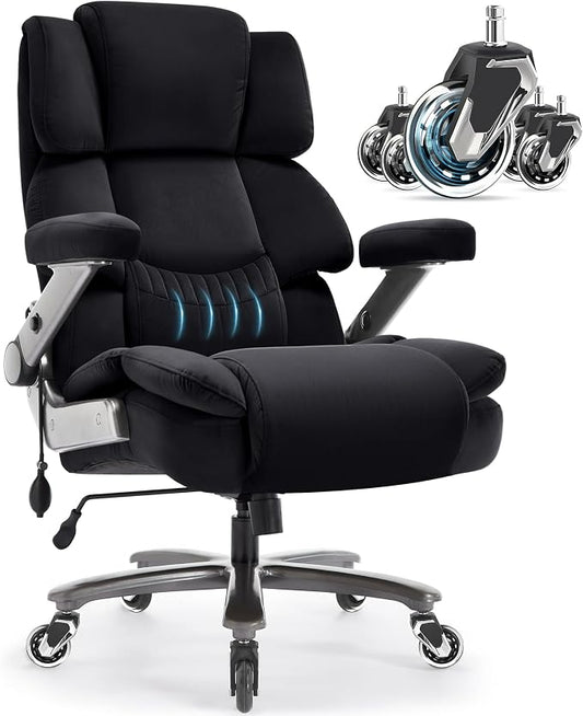 VUZI 700lbs Big and Tall Office Chair, Large Executive Wide Desk Chair | Adjustable Lumbar Support for Back Pain, Plus Size Wheels, 3D Flip Arms, Heavy Duty Metal Base, Wide Seat Computer Chair