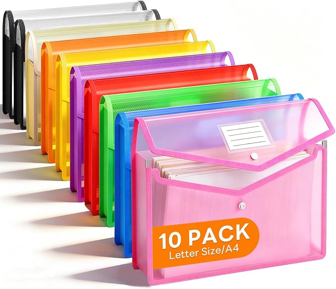 Plastic Expanding File Folder, Transparent Envelopes with Snap Closure | 10 Pack, No Dividers, Large Capacity, Assorted Colors, Fits Letter / A4 Size