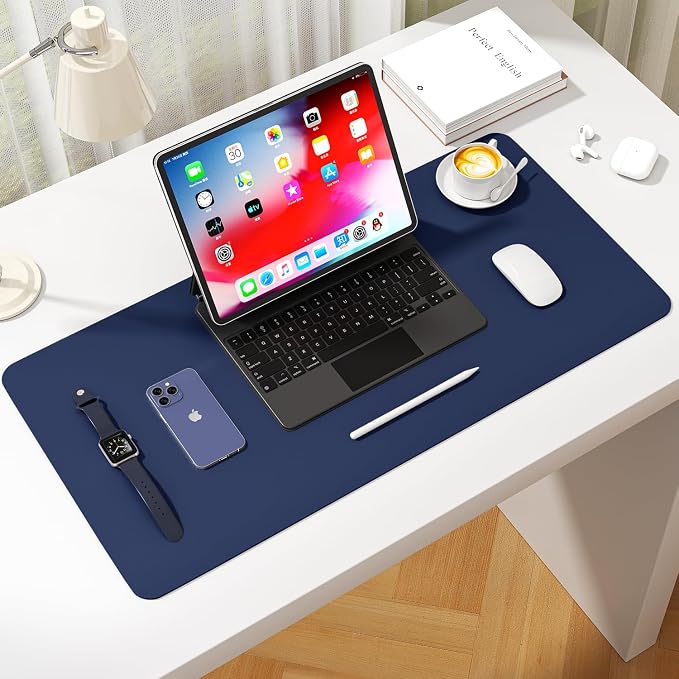 Leather Desk Pad Protector, Waterproof Mouse Pad, PU Desk Mat, Office Desk Cover, Desk Writing Mat for Office/Home/Work/Cubicle (Dark Blue) 31.5x15.7 in