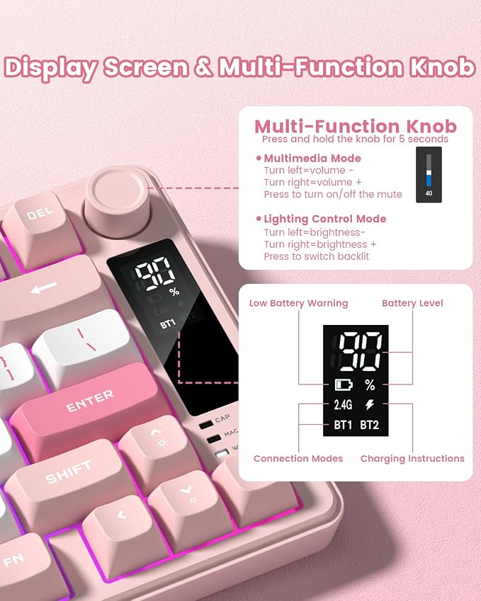 Womier DK75 75% Wireless Gaming Keyboard, RGB Backlit Creamy Keyboard with Multifunction Knob & Screen, Tri-Mode 2.4GHz/USB-C/BT5.0, Anti-Ghosting No-Conflict Silent Membrane Keyboard for MAC Windows